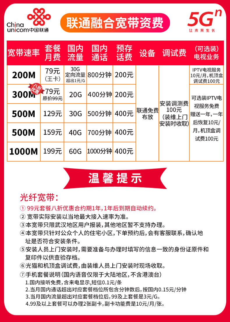 2022武漢聯(lián)通寬帶安裝套餐資費(fèi)價(jià)格表
