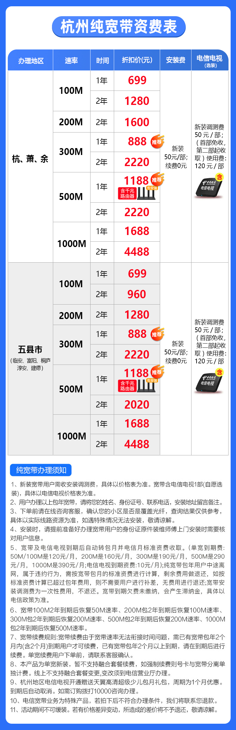 2022杭州電信WIFI寬帶套餐表 杭州電信寬帶報(bào)裝電話