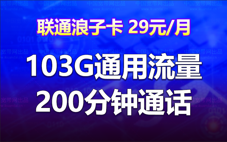 聯(lián)通浪子卡套餐（29元月租+103G通用流量+200分鐘通話）
