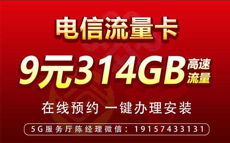 中國(guó)電信東洲手機(jī)卡（9元包84G通用流量+230G定向流量）