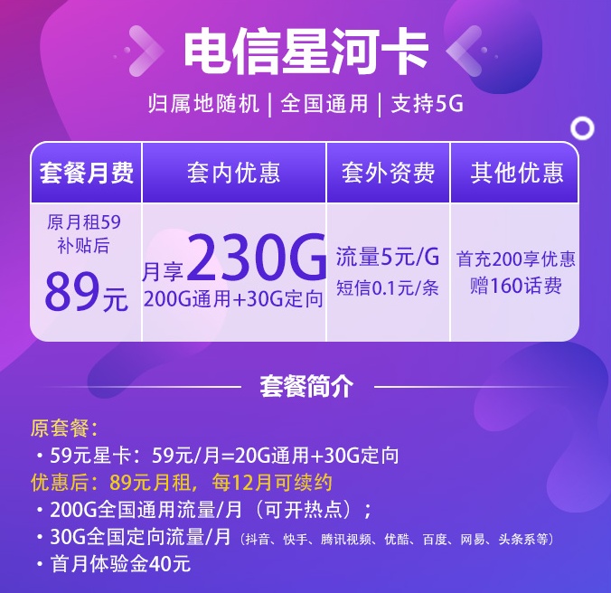 電信星河卡套餐（89元月租230G全國流量）
