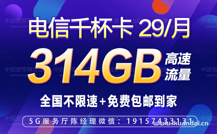 電信千杯卡29元包84G通用流量+230G定向流量