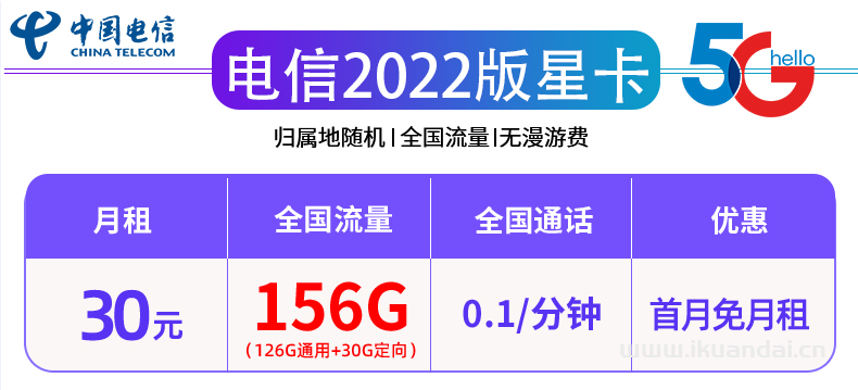 電信星云卡套餐介紹（30/月156G流量+通話0.1/分鐘）