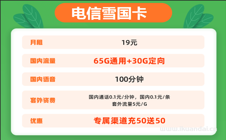 電信雪國(guó)卡19元包65G通用流量+30G定向流量+100分鐘通話
