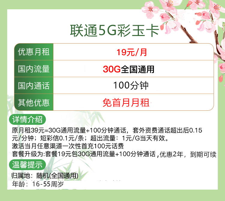 聯(lián)通5G流量卡（30GB通用流量+100分鐘全國通話）