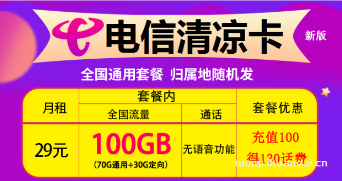 電信清涼卡29元包100GB流量套餐介紹