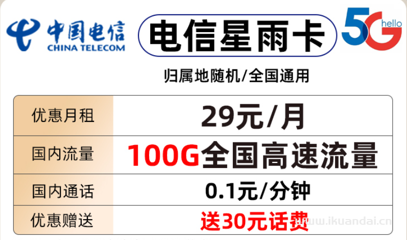 電信星雨卡29元包70G通用流量+30G定向流量+通話(huà)0.1元/分鐘