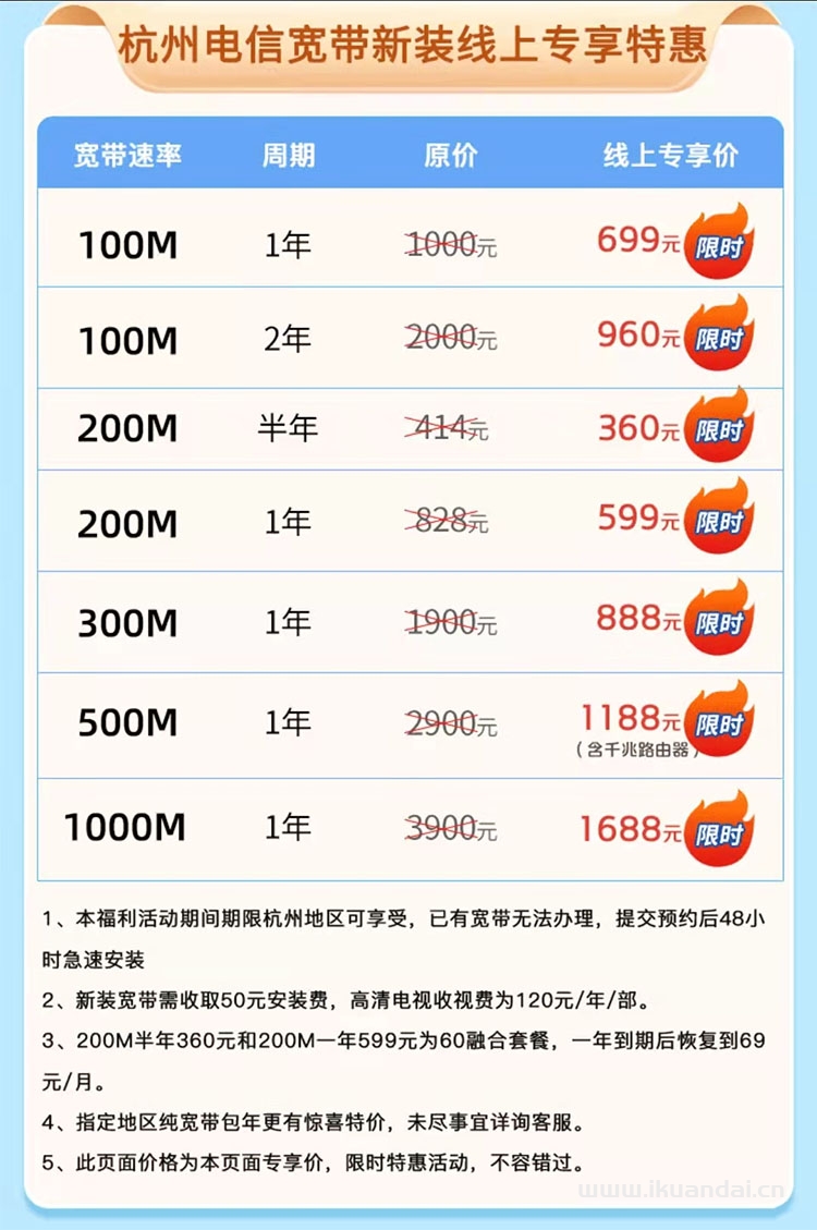 杭州電信寬帶辦理(200M360半年 599包年 國慶優(yōu)惠報裝)