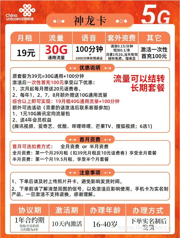 聯(lián)通神龍卡19元包30G流量+100分鐘通話+送視頻會(huì)員