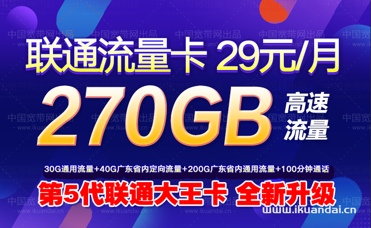 聯(lián)通大王卡29元270G流量+100分鐘通話（第5代全新升級版）