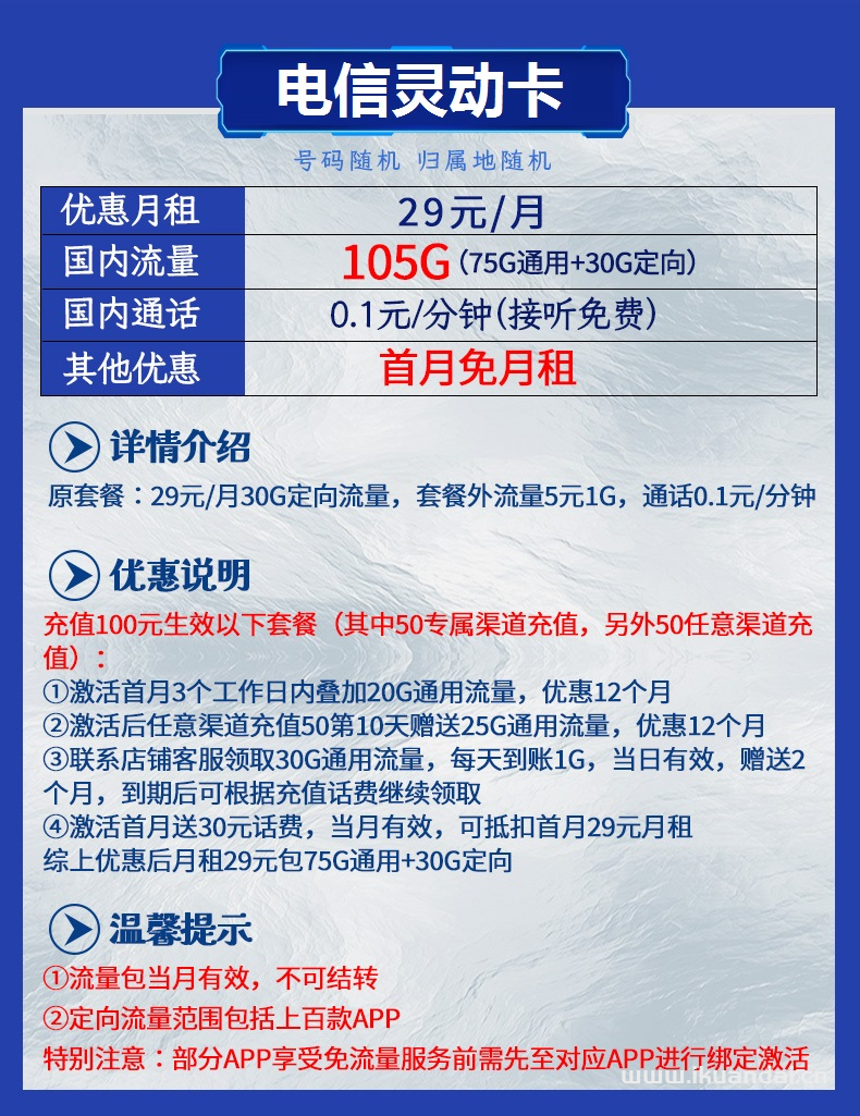 電信流量王卡29元105GB流量（雙十一限量申請辦理）