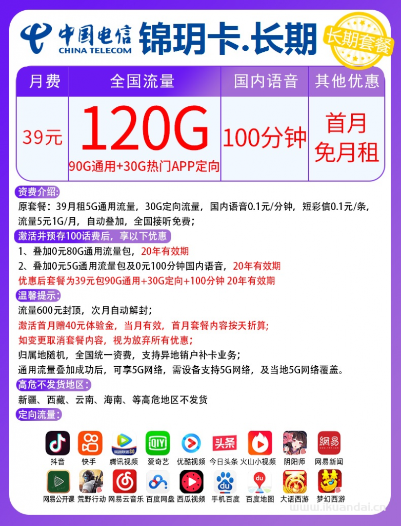 電信長期錦玥卡39元包90G通用+30G定向+100分鐘通話（激活說明書）