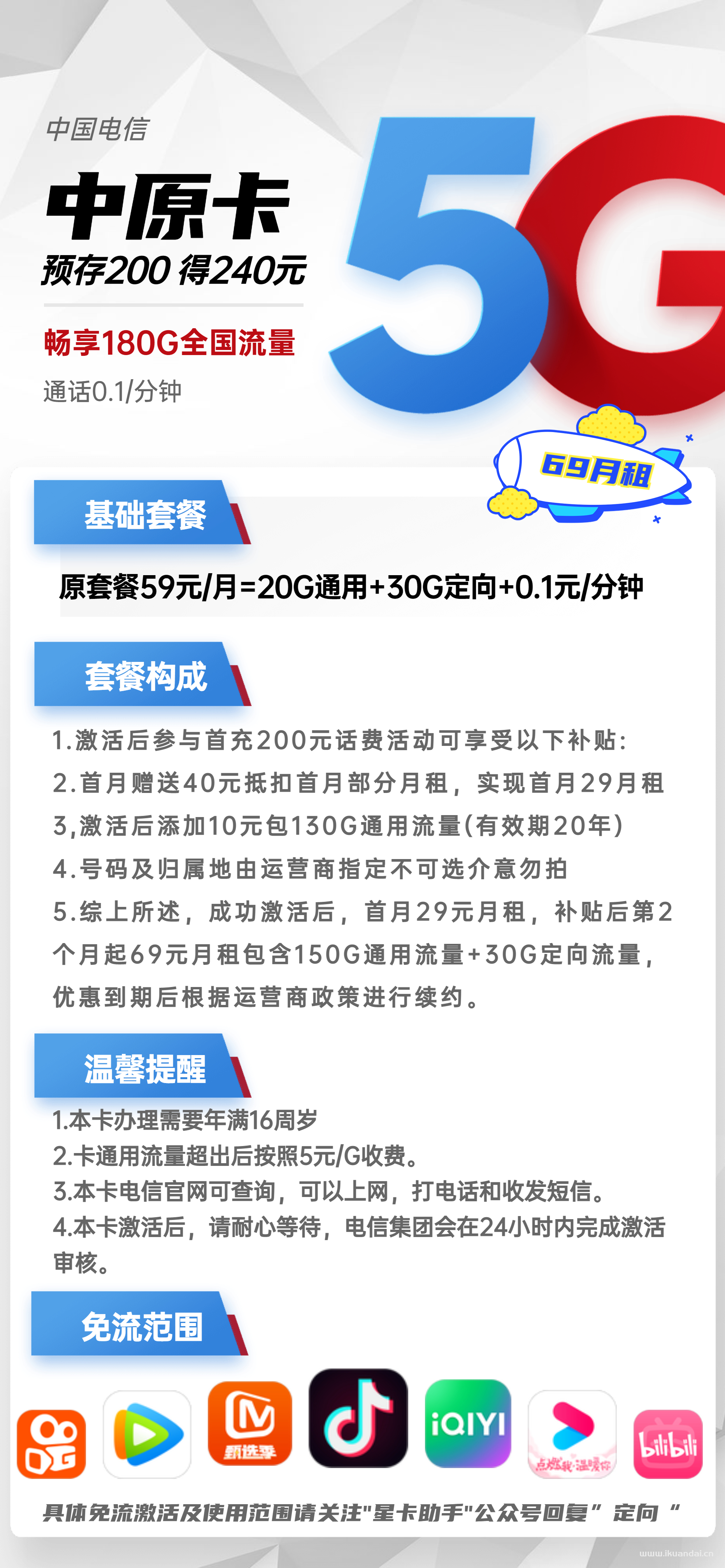 電信中原卡69元包180G全國流量套餐（申請辦理入口）