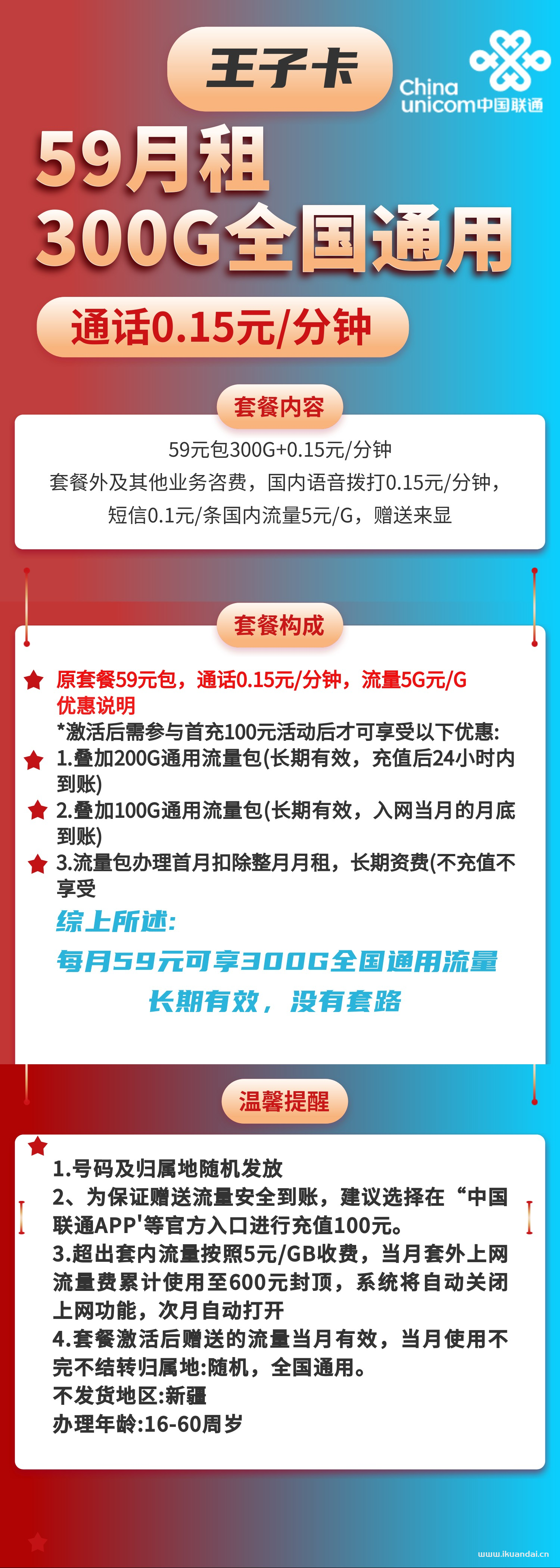 <strong><a>1535 | 聯(lián)通王子卡59元包300G通用流量+通話0.15元/分鐘</a></strong>