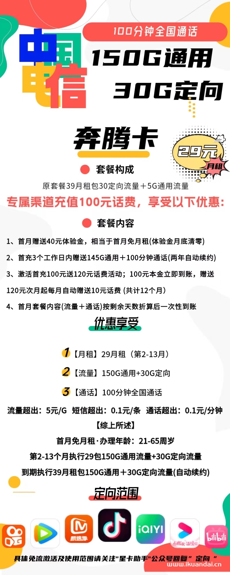 1771 | 電信奔騰卡29元包150G通用+30G定向+100分鐘通話