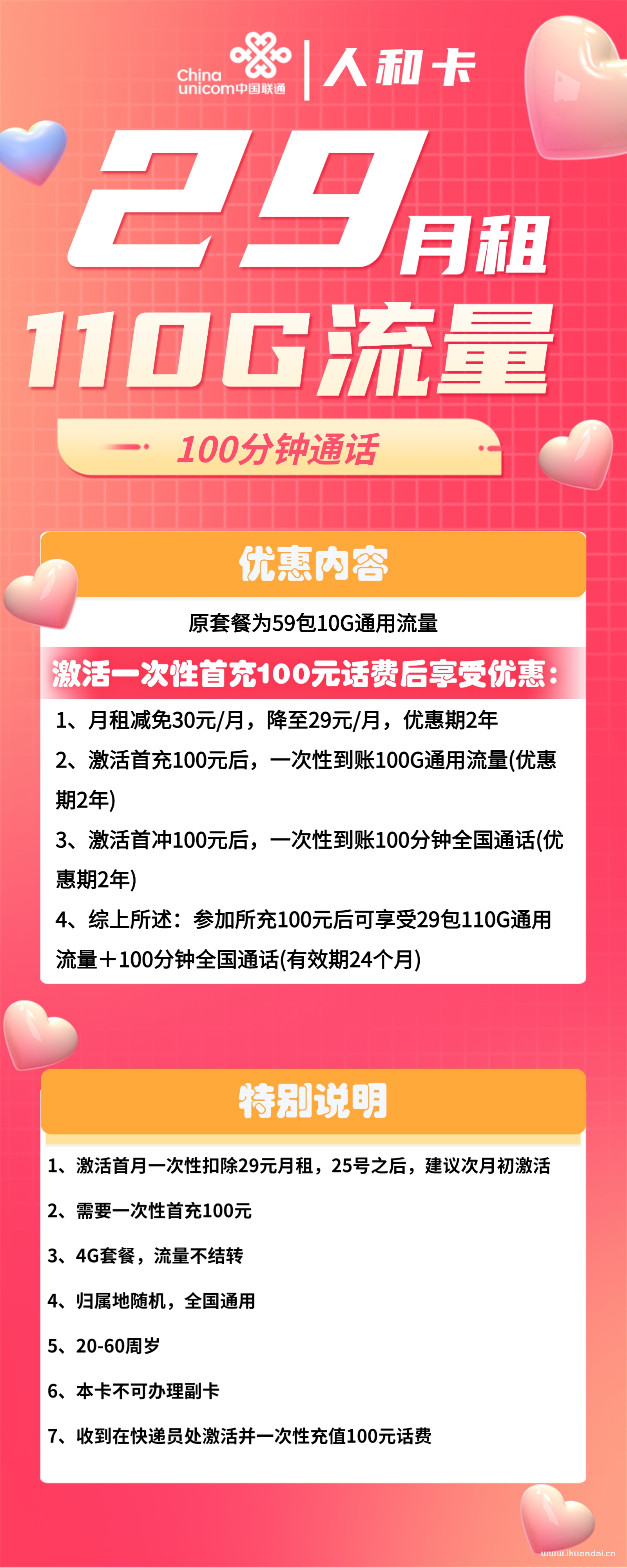 陜西聯(lián)通人和卡29元包110G通用+100分鐘通話流量卡套餐介紹