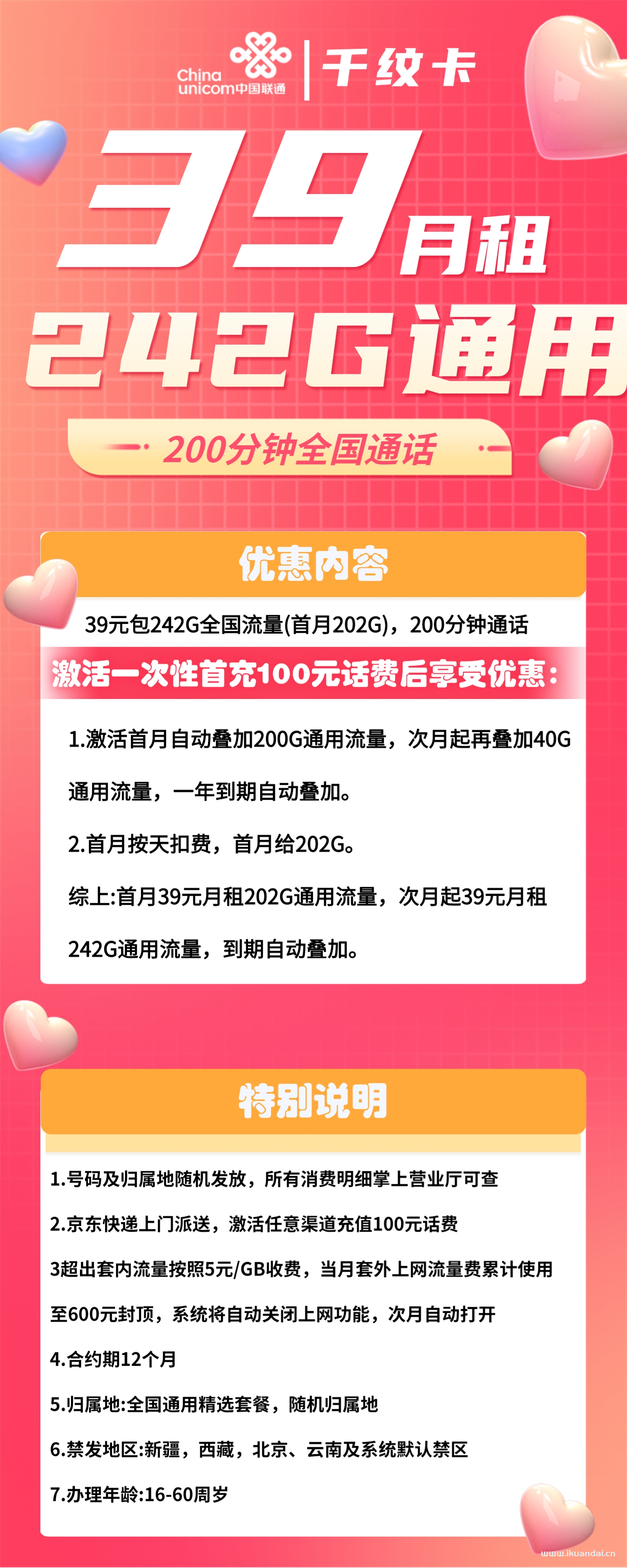 1844 | 聯(lián)通千紋卡39元包242G通用+200分鐘通話(huà)