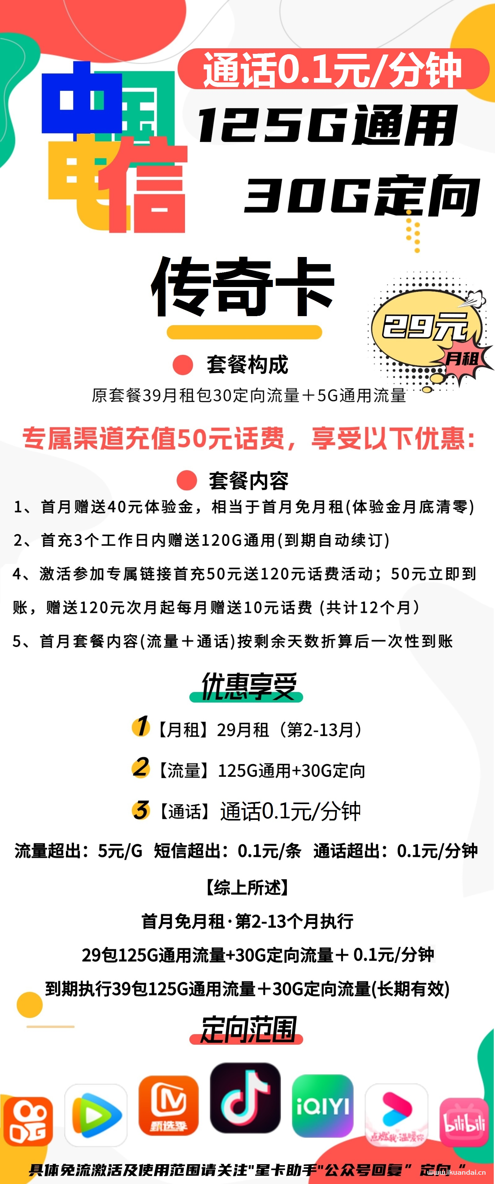 電信傳奇卡 29元/月155G全國(guó)流量卡辦理入口