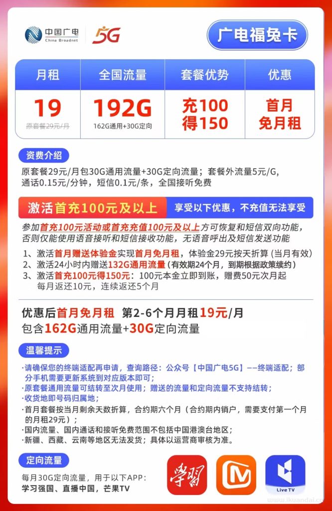 廣電手機(jī)流量卡192G全國(guó)流量，靚號(hào)自號(hào)（福兔卡申請(qǐng)辦理入口）