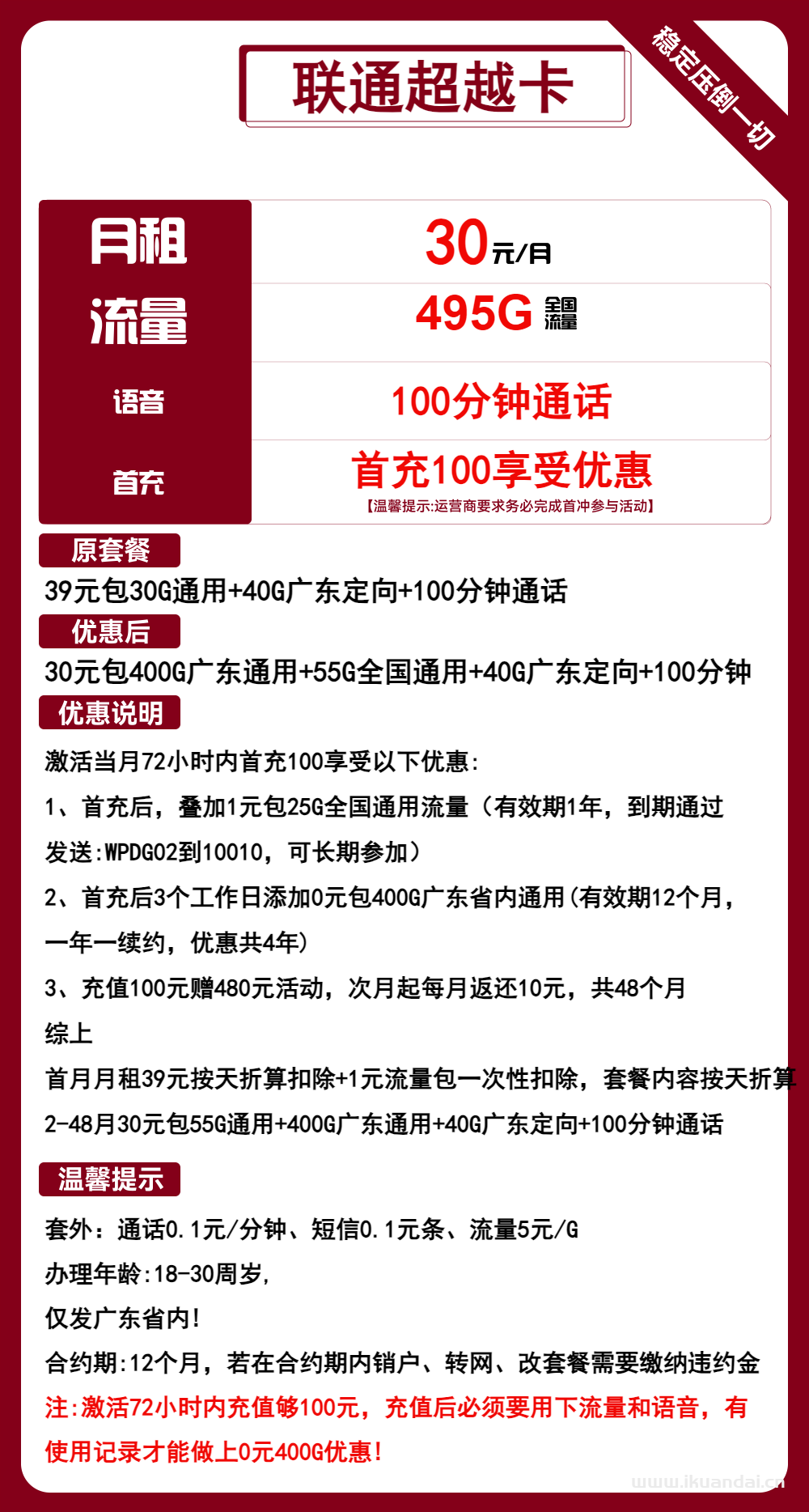 廣東聯(lián)通大王卡30元495G流量+100分鐘套餐介紹（超越卡申請(qǐng)辦理入口）