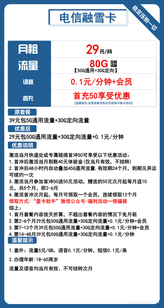 青海電信融雪卡：29元50G通用+30G定向+通話0.1元/分鐘+會(huì)員（電信手機(jī)流量卡申請(qǐng)辦理）
