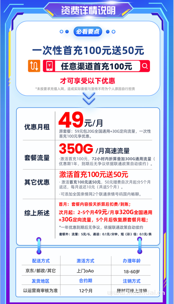 聯(lián)通海王卡49元/月享320G全國通用+30G定向流量（在線選號）