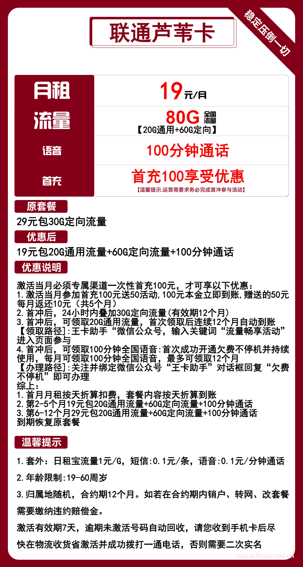 聯(lián)通大王卡19元包20G通用+60G定向+100分鐘通話(huà)（聯(lián)通手機(jī)流量卡申請(qǐng)辦理入口）