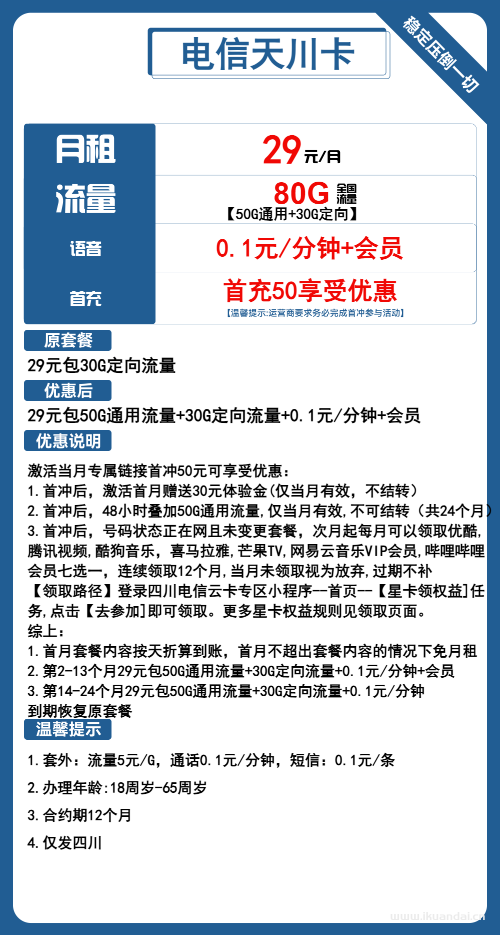 中國電信大王卡29元50G通用+30G定向+會員（四川電信本地歸屬手機(jī)號碼申請辦理入口）
