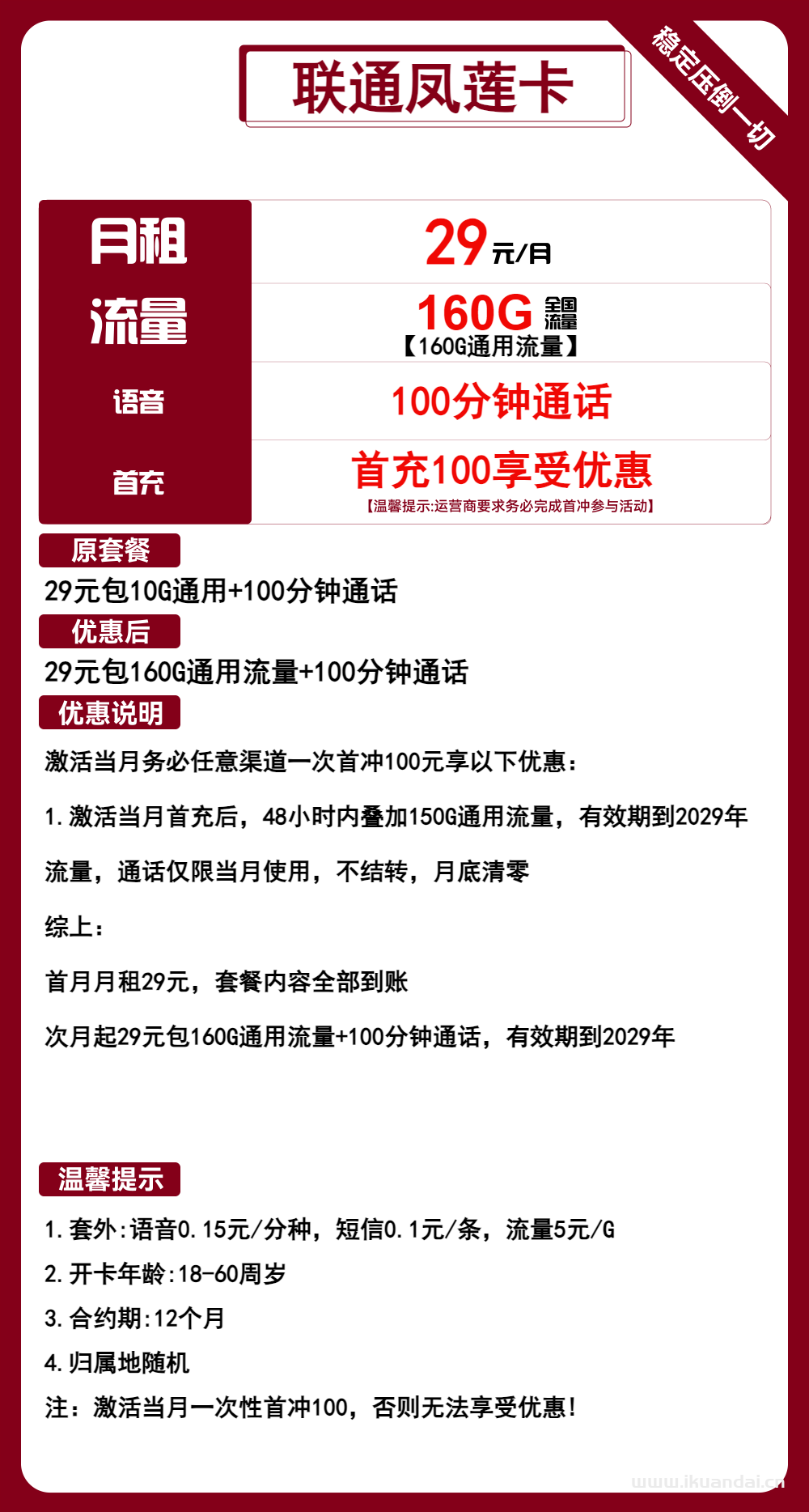 中國聯(lián)通手機(jī)流量卡：29元160G通用+100分鐘通話介紹（自助激活,長期套餐申請(qǐng)辦理入口）