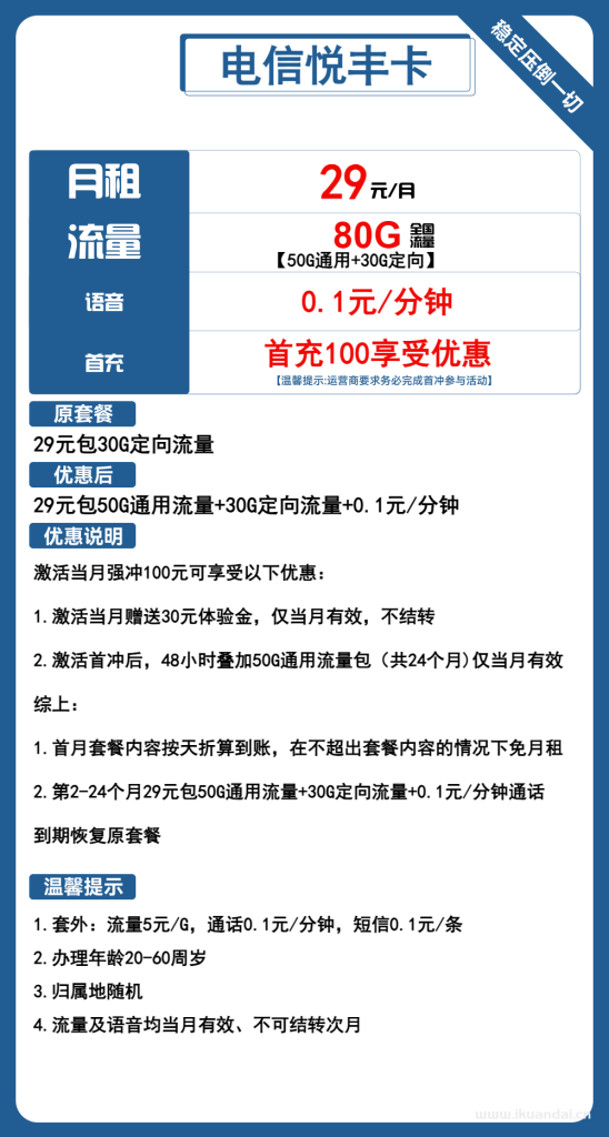 電信大王卡：29元包50G通用流量+30G定向套餐介紹（悅豐卡官方申請(qǐng)辦理入口）