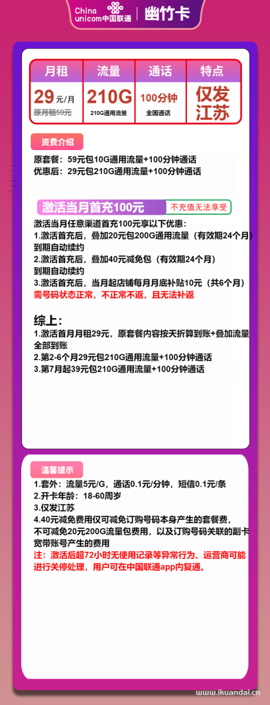 江蘇聯(lián)通手機流量卡：29元包210G通用+100分鐘通話（官方申請辦理入口）