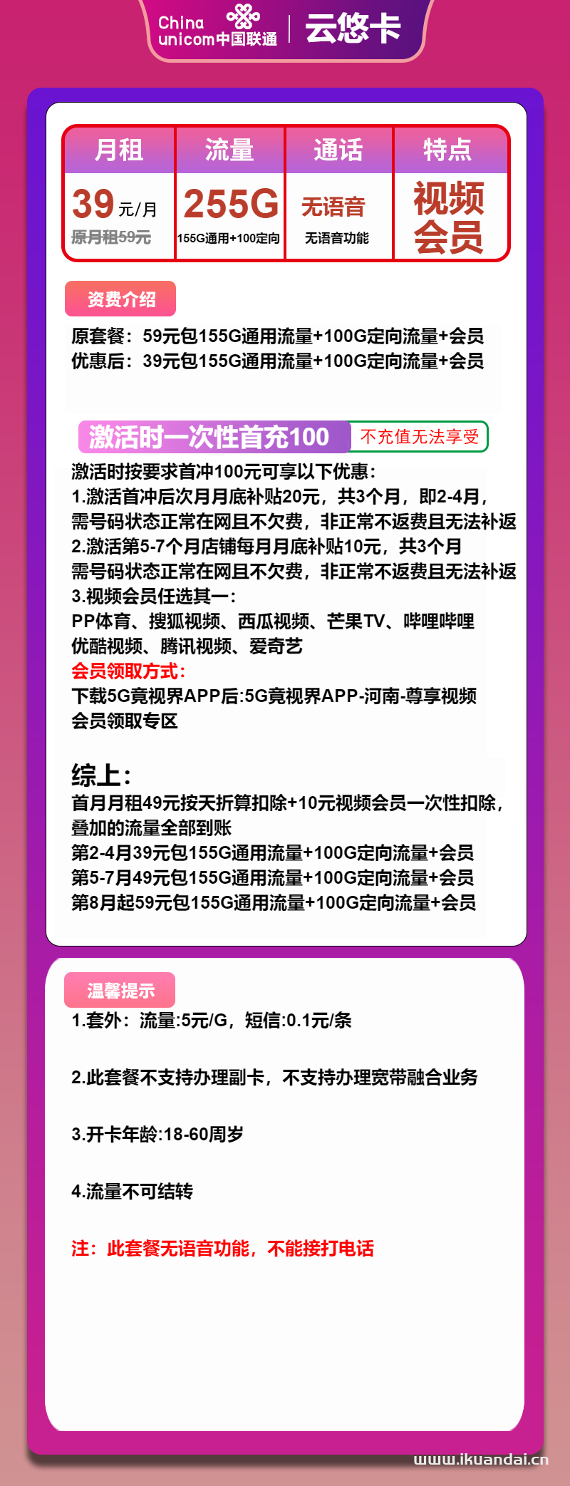 聯(lián)通純流量卡：39元155G通用流量+100G定向+送視頻會員（聯(lián)通手機流量卡申請辦理入口）