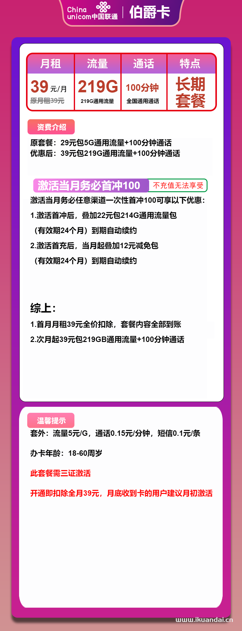 聯(lián)通伯爵王卡：39元包219G通用流量+100分鐘，官方申請(qǐng)辦理入口