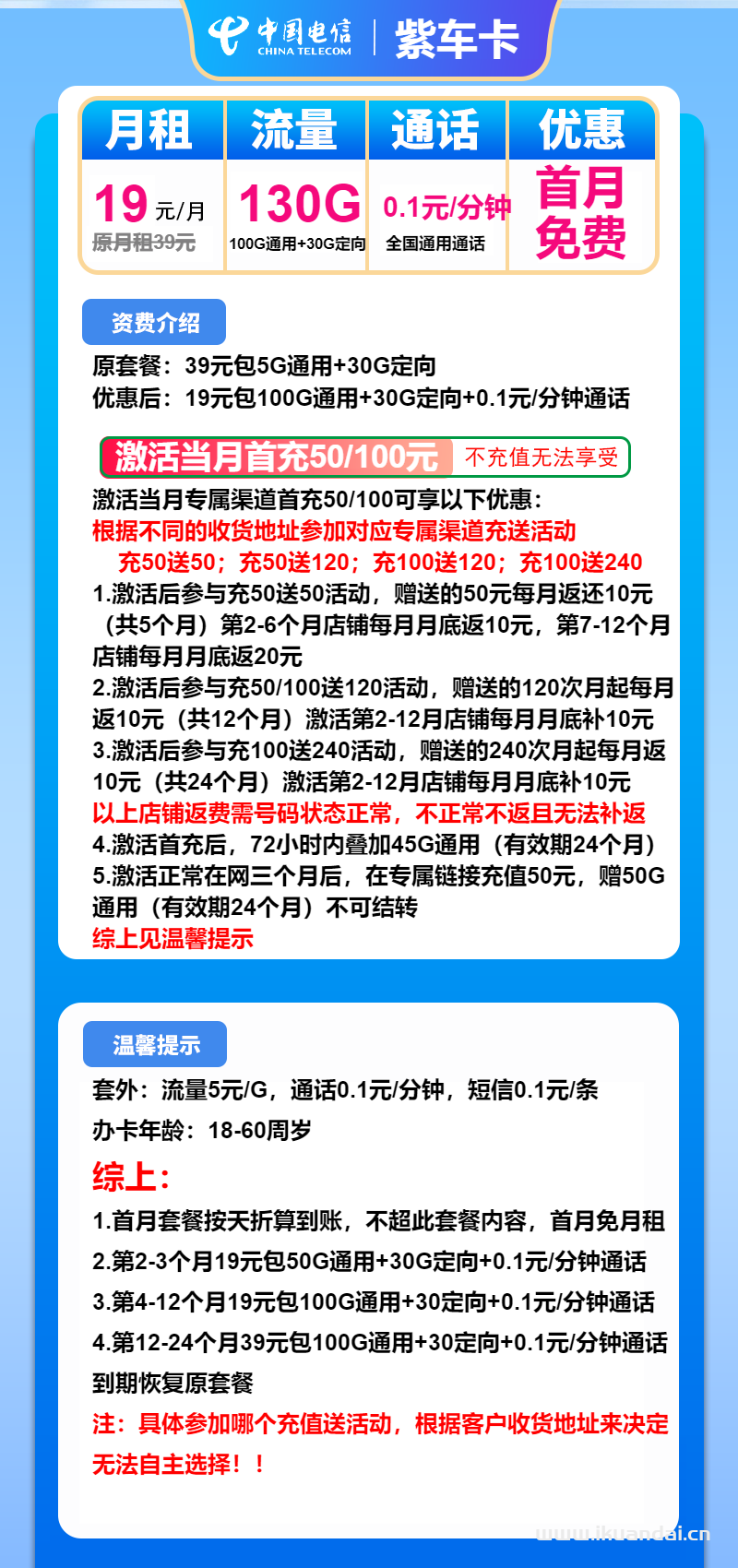 2025年電信紫車卡：19元包100G通用+30G定向+通話0.1元/分鐘（電信大王卡申請(qǐng)辦理入口）
