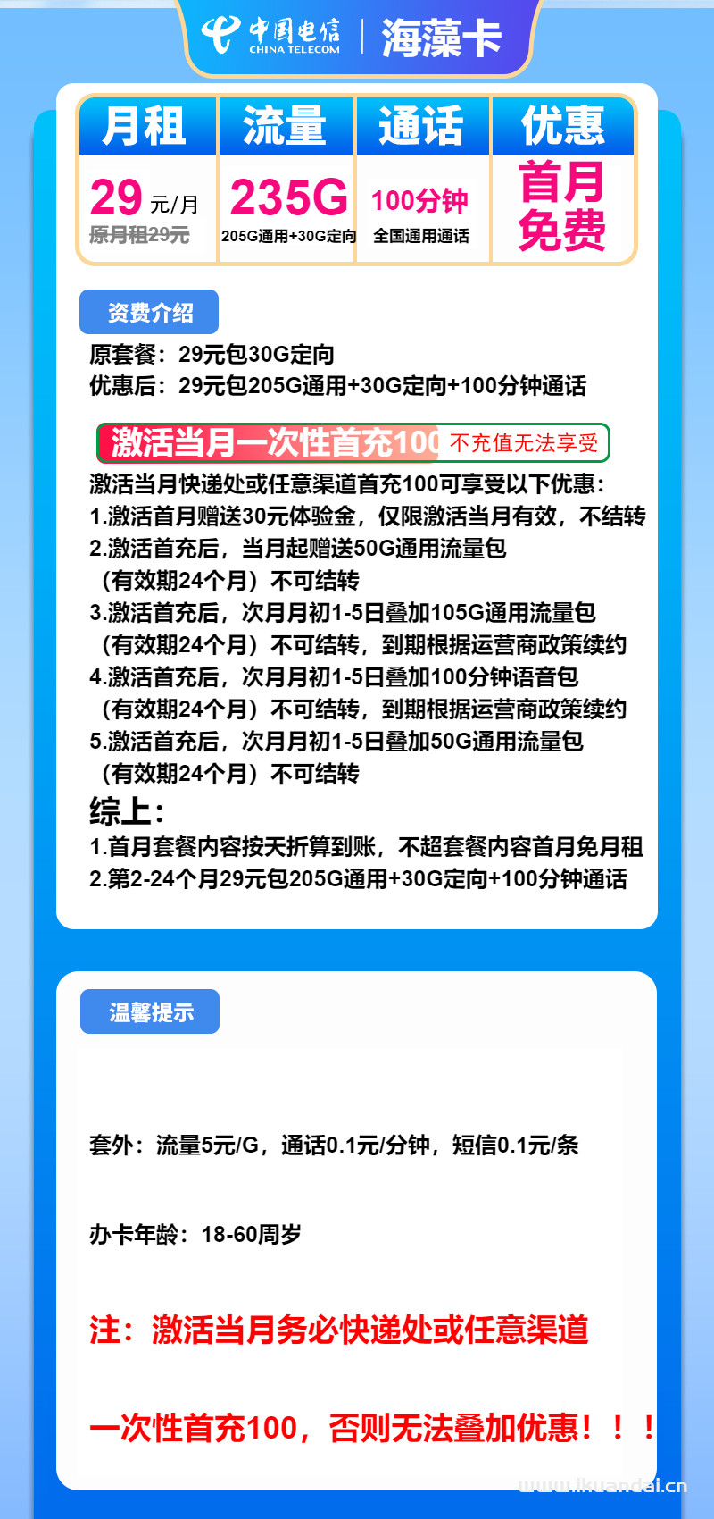 2025年電信大王卡海藻卡29元包205G通用+30G定向+100分鐘申請辦理入口