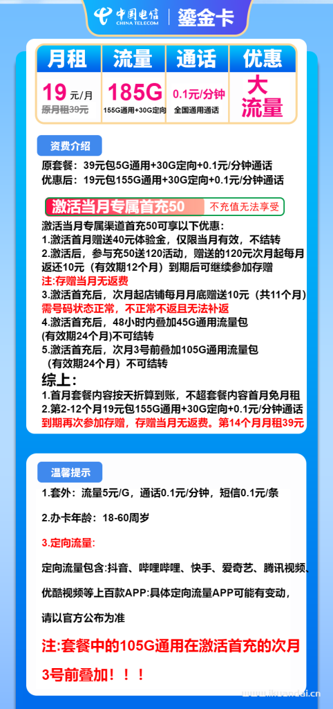 ?2025年電信鎏金卡推薦 | 19元包155G通用+30G定向+通話0.1元/分鐘超值流量卡辦理攻略?